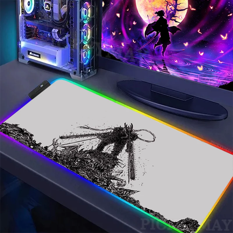 Large RGB Mouse Pad Chainsaw Man XXL Anime Mousepad LED Mouse Mat Gamer Mousepads Table Pads 9 - Chainsaw Man Store